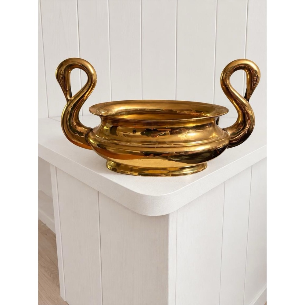 Vintage French Art Deco Brass Swan Centerpiece Bowl 14" Double Swan Jardiniere